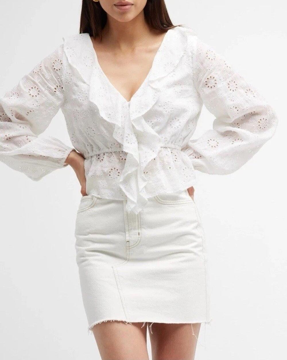 FRAME Ruffle Front Eyelet Top Blouse Size Large Coquette Pirate Boho Preppy